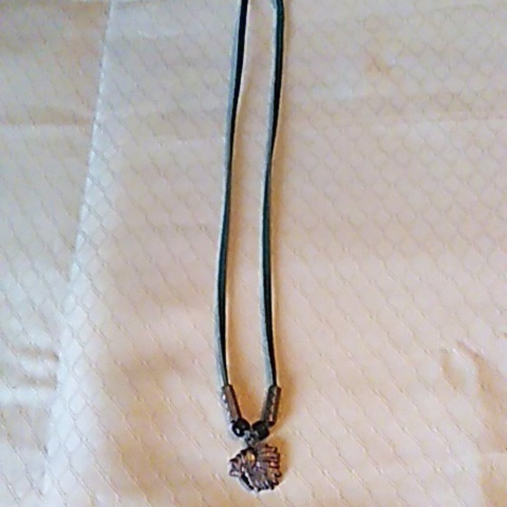 Necklace Indian Head Pewter Beads Green Leather 24" Handmade Vintage NWOT